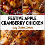 Golden roasted chicken with apples and cranberries on a holiday table.